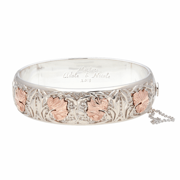 White Gold and Rose Gold Bangle with Leaf Design