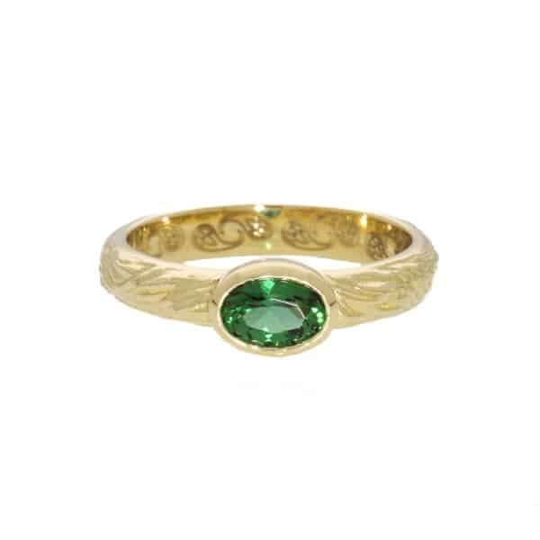 Yellow Gold Textured Ring With Emerald