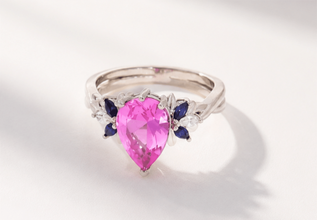Verlobungsring aus Weißgold mit einem rosa Saphir in Birnenform und blauen Saphiren als Seitensteinen